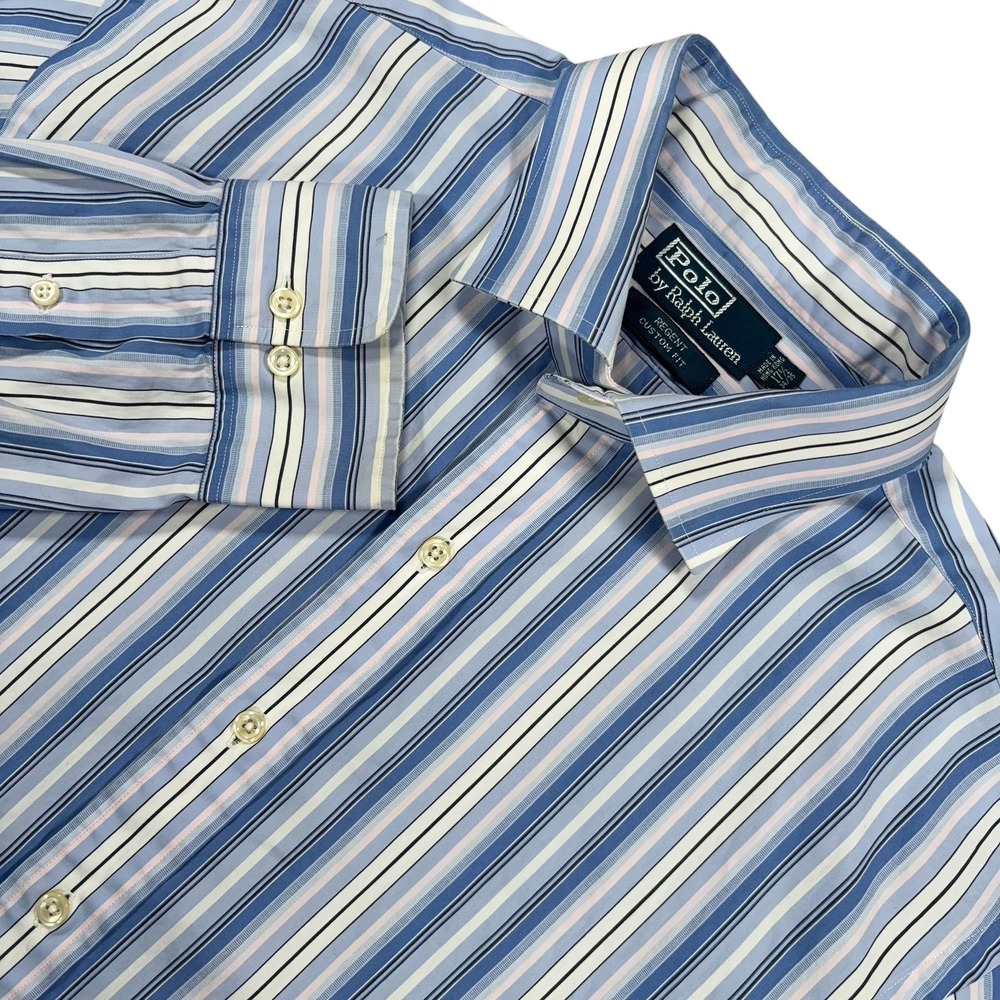 Polo Ralph Lauren Regent Dress Shirt‎ Mens 17.5 Blue Multi Striped Custom Fit